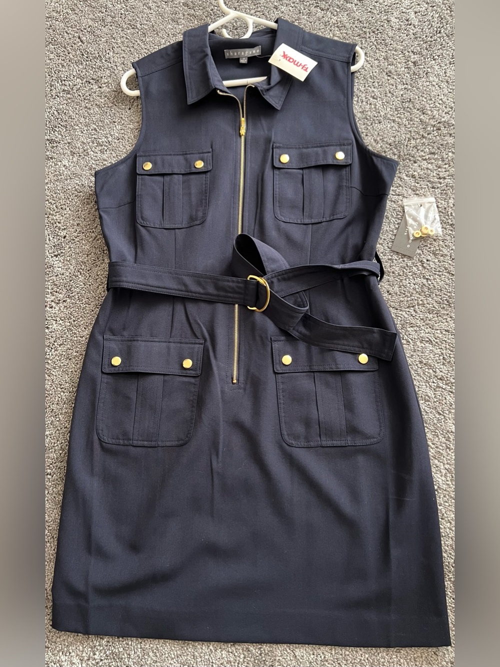 Sharagano  Navy Sleeveless Belted Utility Dress